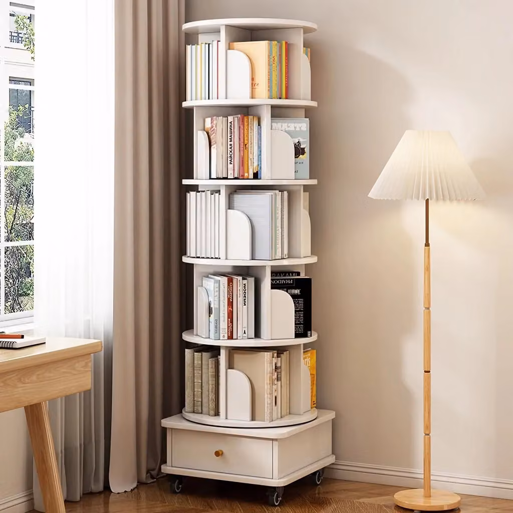 Libreria girevole 360° WISHDOR con ruote e cassetto, salvaspazio, bianca in MDF – 2