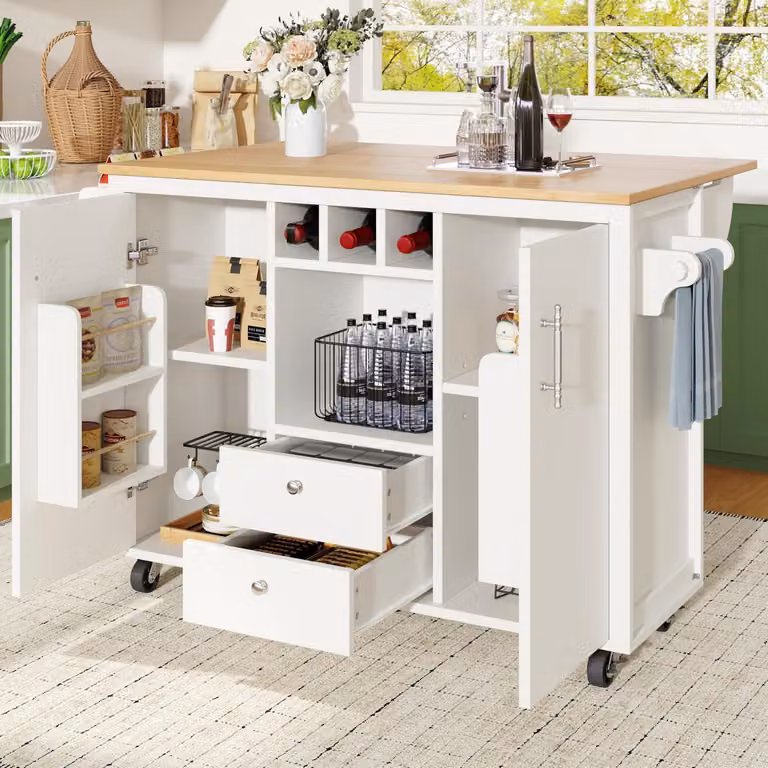 Carrello da cucina con piano di lavoro pieghevole, dimensioni 120 x 73 (45) x 92 cm, colore bianco