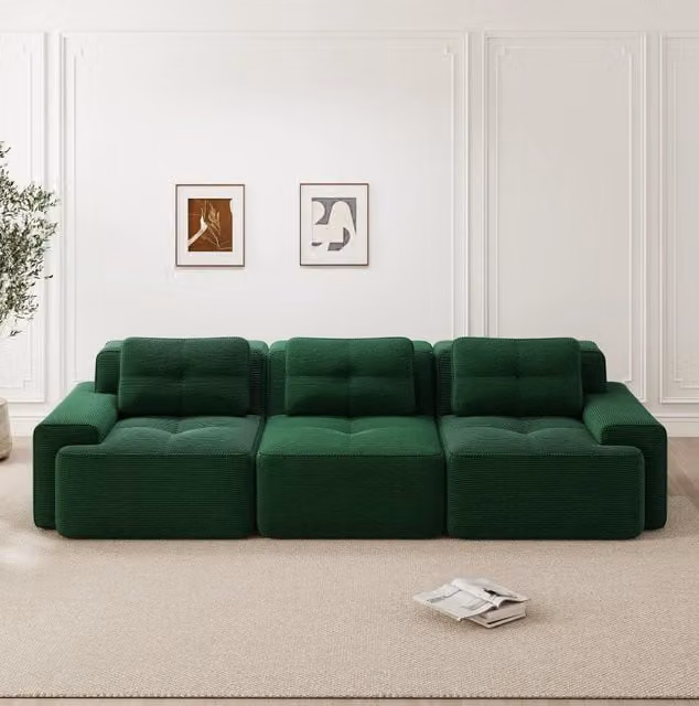 Divano modulare in velluto a coste; seduta profonda 74 cm; verde