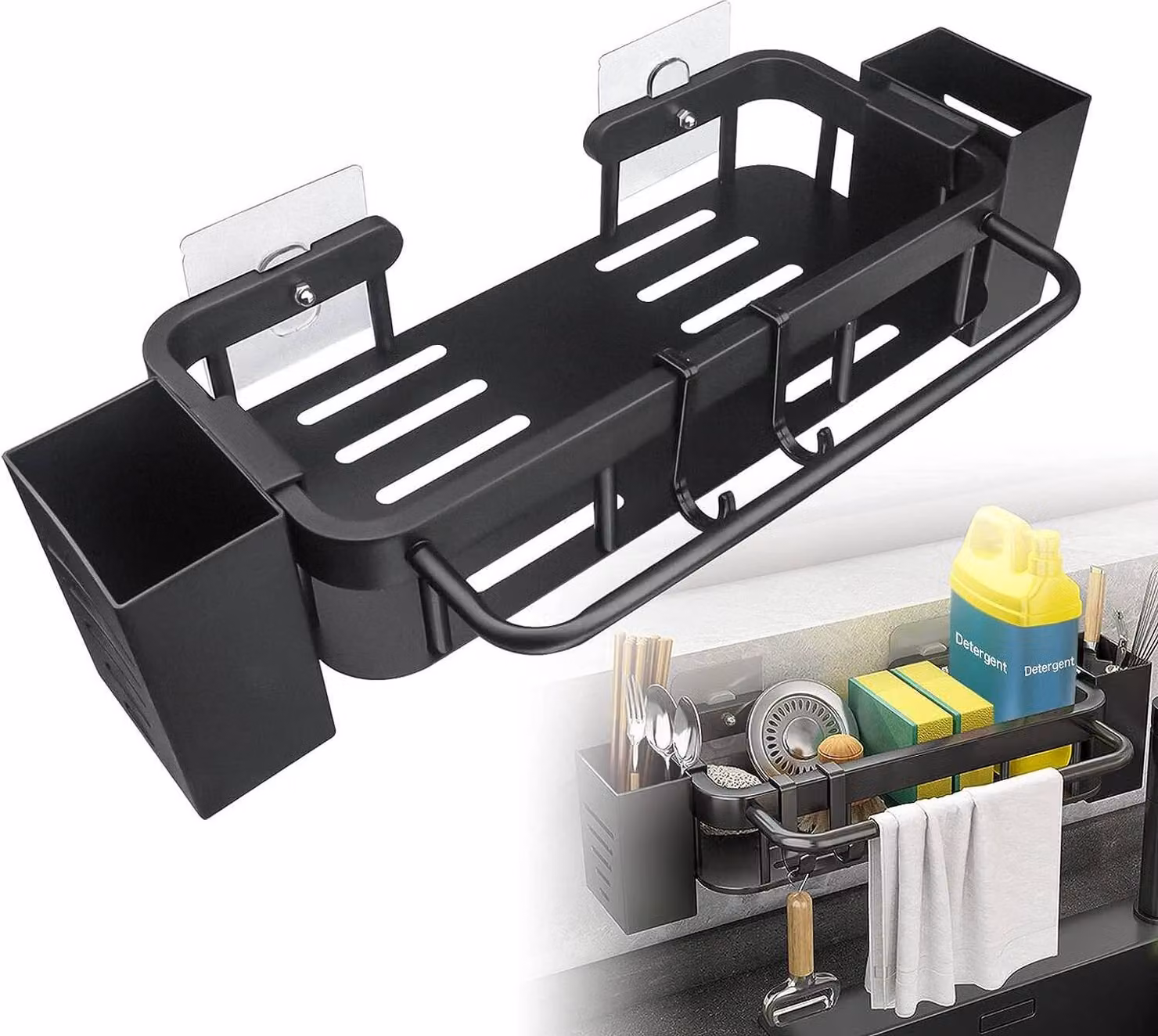 Organizzatore per lavello da appendere, porta spugne da cucina in acciaio inox, lavello, organizzatore per lavello, parete con porta bacchette, porta asciugamani e gancio, nero, 29,5 cm, 13,3 cm, 6 cm, acciaio inox