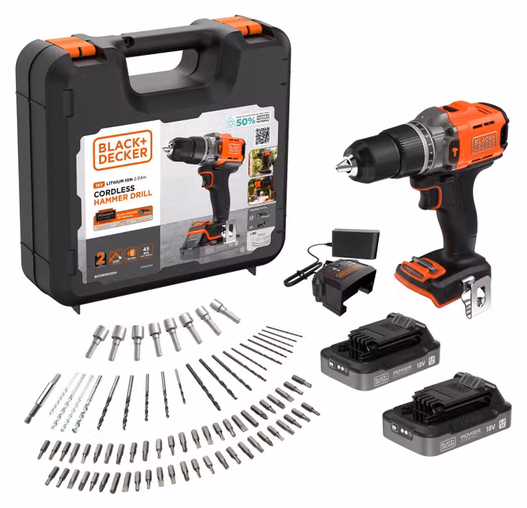 Black+Decker Trapano avvitatore a percussione 18 V, batteria al litio da 2 Ah, 45 Nm - 80 accessori - Valigetta di trasporto - BCD383D2XKA-QW