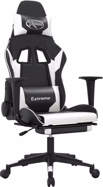 Sedia Gaming Sportiva con Poggiapiedi e Poggiatesta, Nero e Bianco in Similpelle