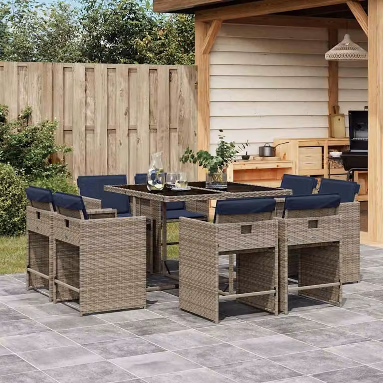 Set da pranzo da giardino vidaXL in polyrattan con cuscini e tavolo in vetro, 9 pezzi, Grigio