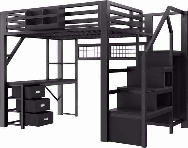 Letto a soppalco matrimoniale 140x200 in metallo nero con scrivania, scala, armadio e LED