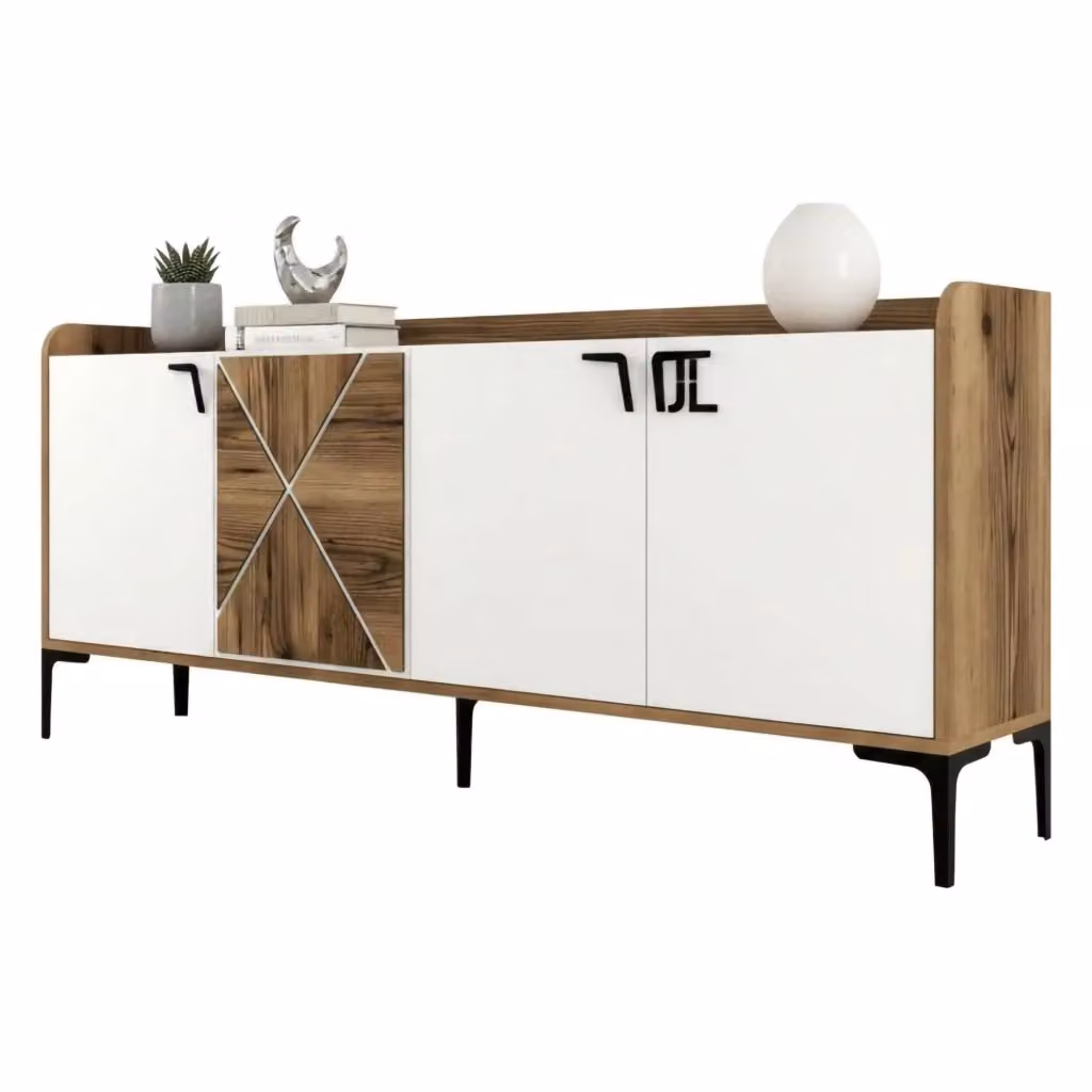 Credenza da soggiorno Also DMORA in legno e metallo, base moderna per TV, L 180 cm x P 35 cm x H 78 cm, Bianco – 2