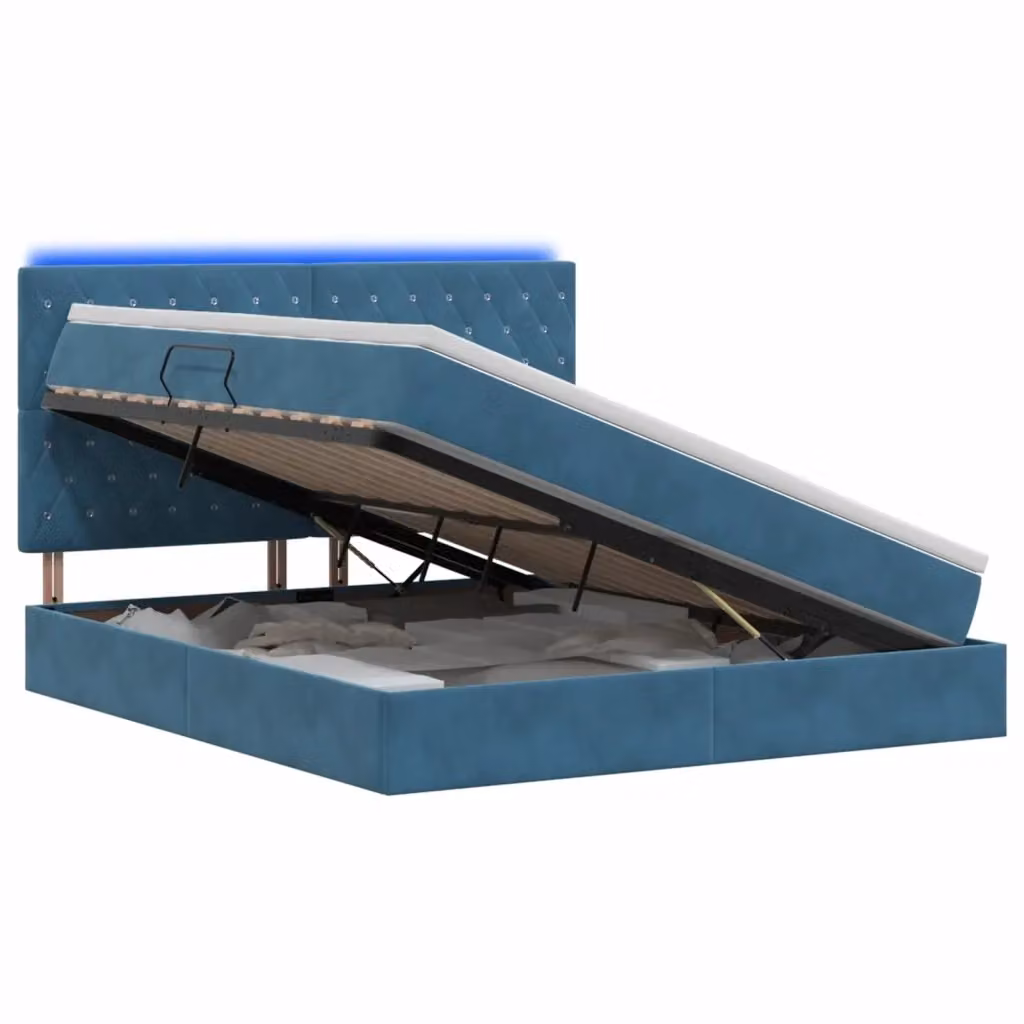 Letto con contenitore vidaXL in velluto blu con illuminazione LED e porta USB, L/P/H: 140 x 200 x 128 cm – 2