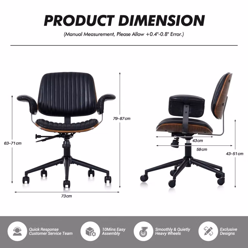Sedia da ufficio girevole OKWISH in pelle e metallo nera con braccioli imbottiti e altezza regolabile L/P/H: 52 x 46 x 33 cm – 2