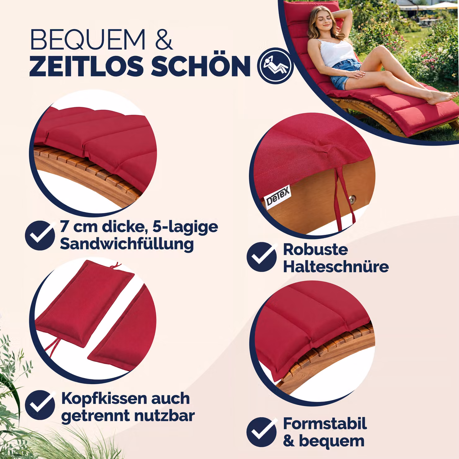 Cuscino per sdraio rosso in poliestere idrorepellente L: 183 cm, P: 56 cm, H: 7 cm – 2