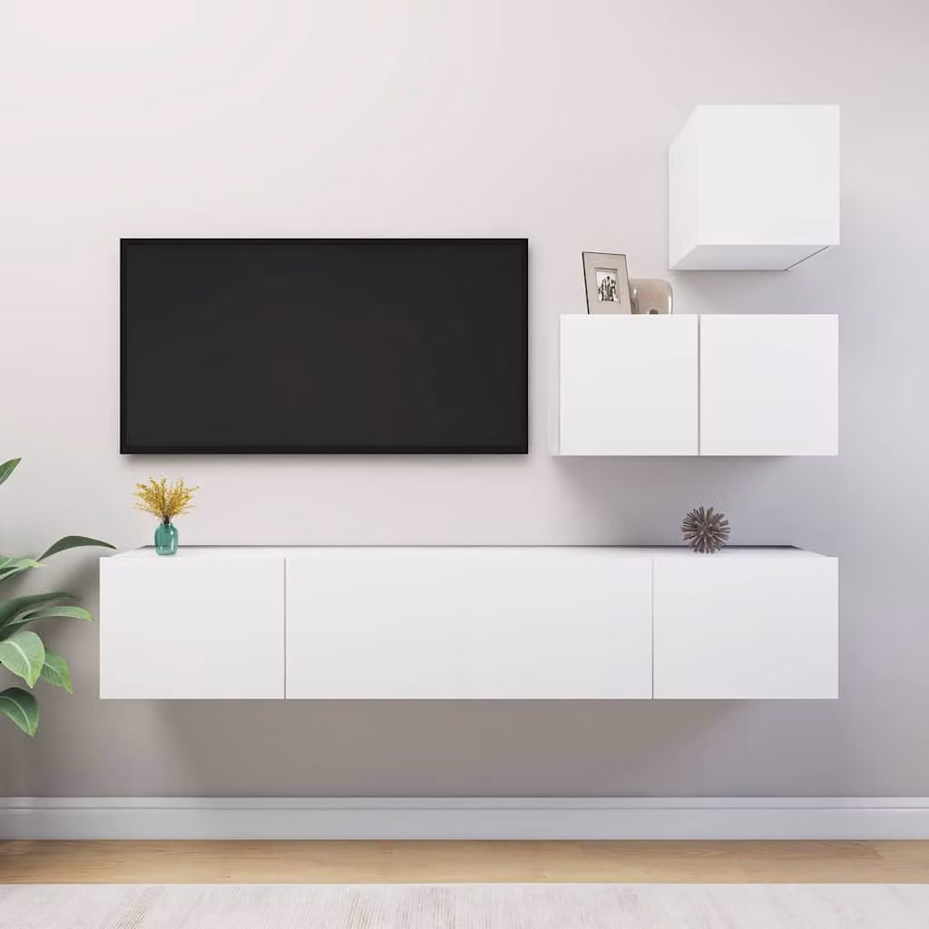 Set Mobili Porta TV Moderno vidaXL in Legno Multistrato e MDF, 4 Pezzi, Bianco Opaco