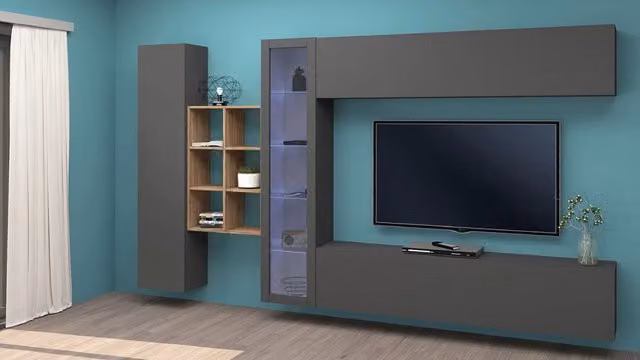 Parete Attrezzata per Soggiorno Maruska n°14 GIORDANOSHOP Grigio Antracite Opaco e Rovere Wotan L: 340 cm, P: 30 cm, H: 180 cm – 1