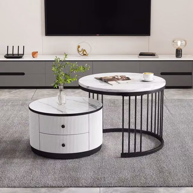 Set 2 tavolini da salotto a nido, bianchi con finitura marmo lucido. Tondi 60x60x45,5 cm e 50x50x32 cm, 2 cassetti, portata 30 kg