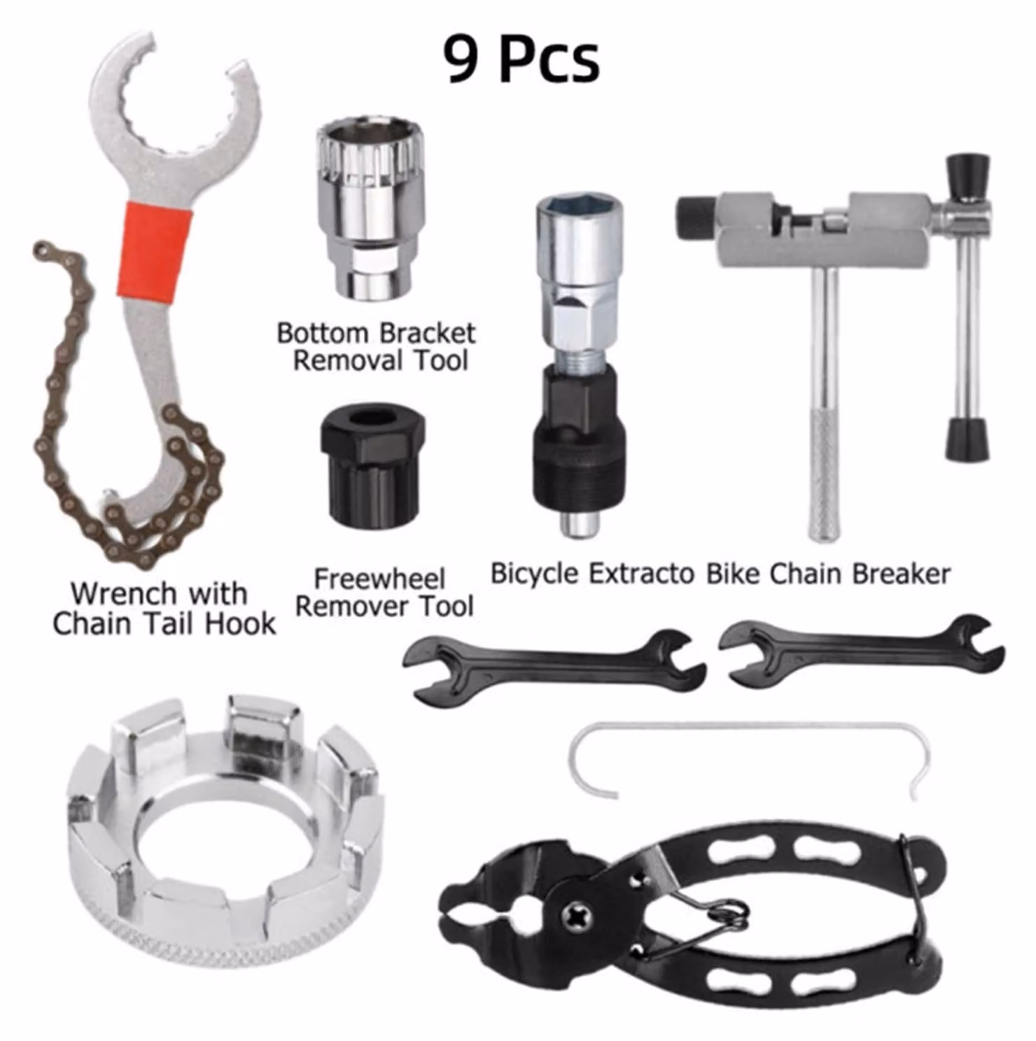 Kit di riparazione per biciclette da 9 pezzi, con utensili multifunzionali