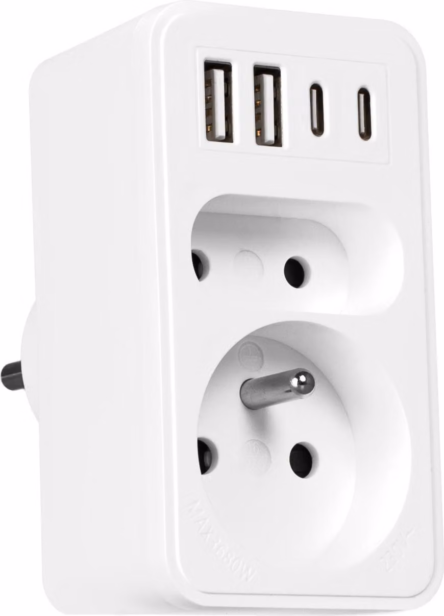 Vayox VA0374 adattatore per presa di corrente a 2 scomparti + 2x USBA + 2x USB-C, bianco
