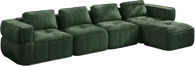 Divano angolare modulare 4 posti con pouf seduta profonda e braccioli ampi in poliestere verde per soggiorno moderno