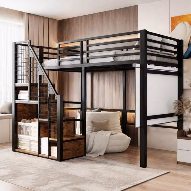 Letto rialzato in metallo 90x200 cm con scala; vano contenitore e sponda alta; nero