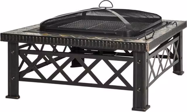 Braciere 3-in-1 con parascintille, griglia e secchio ghiaccio, per giardino e BBQ, nero, 76x76x47 cm
