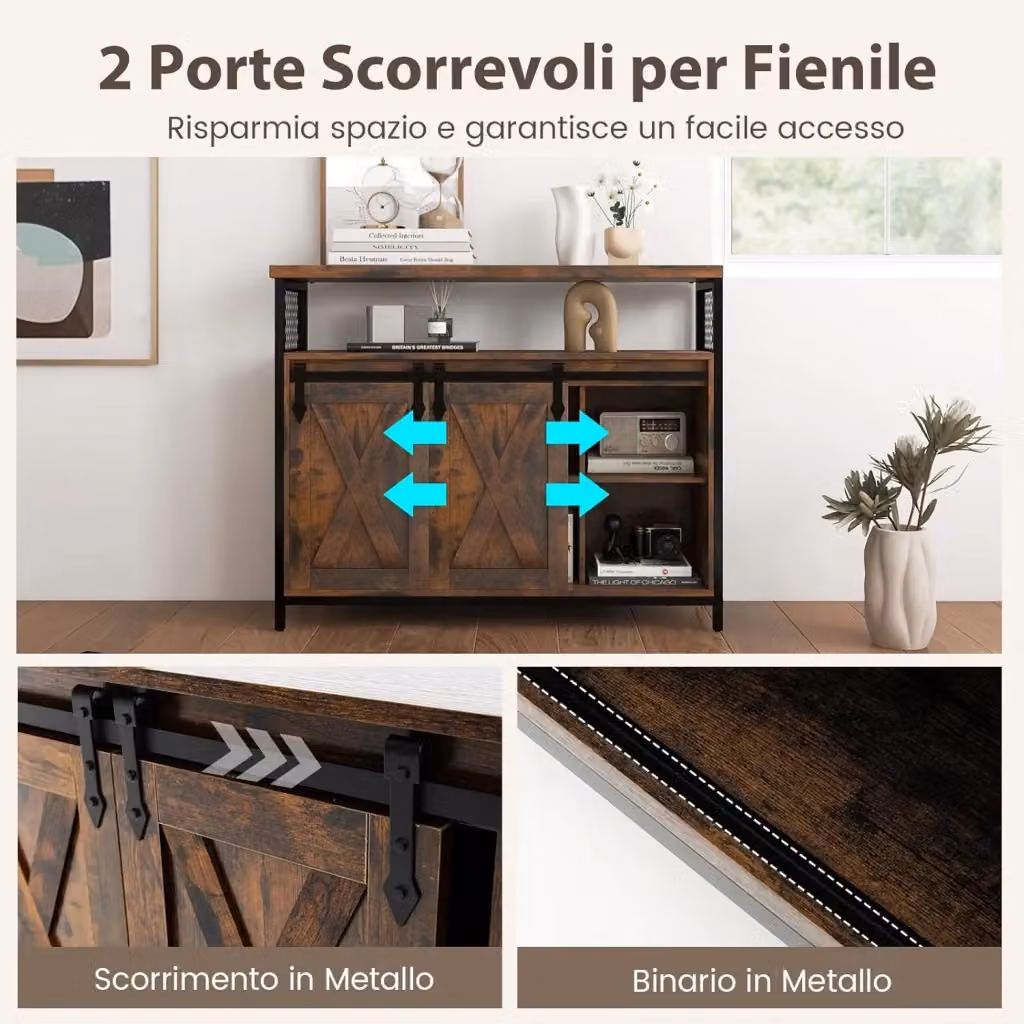 Costway Mobile credenza stile rustico con ante scorrevoli e ripiani regolabili, Marrone e Nero, L: 100 cm, P: 33 cm, H: 80 cm – 2