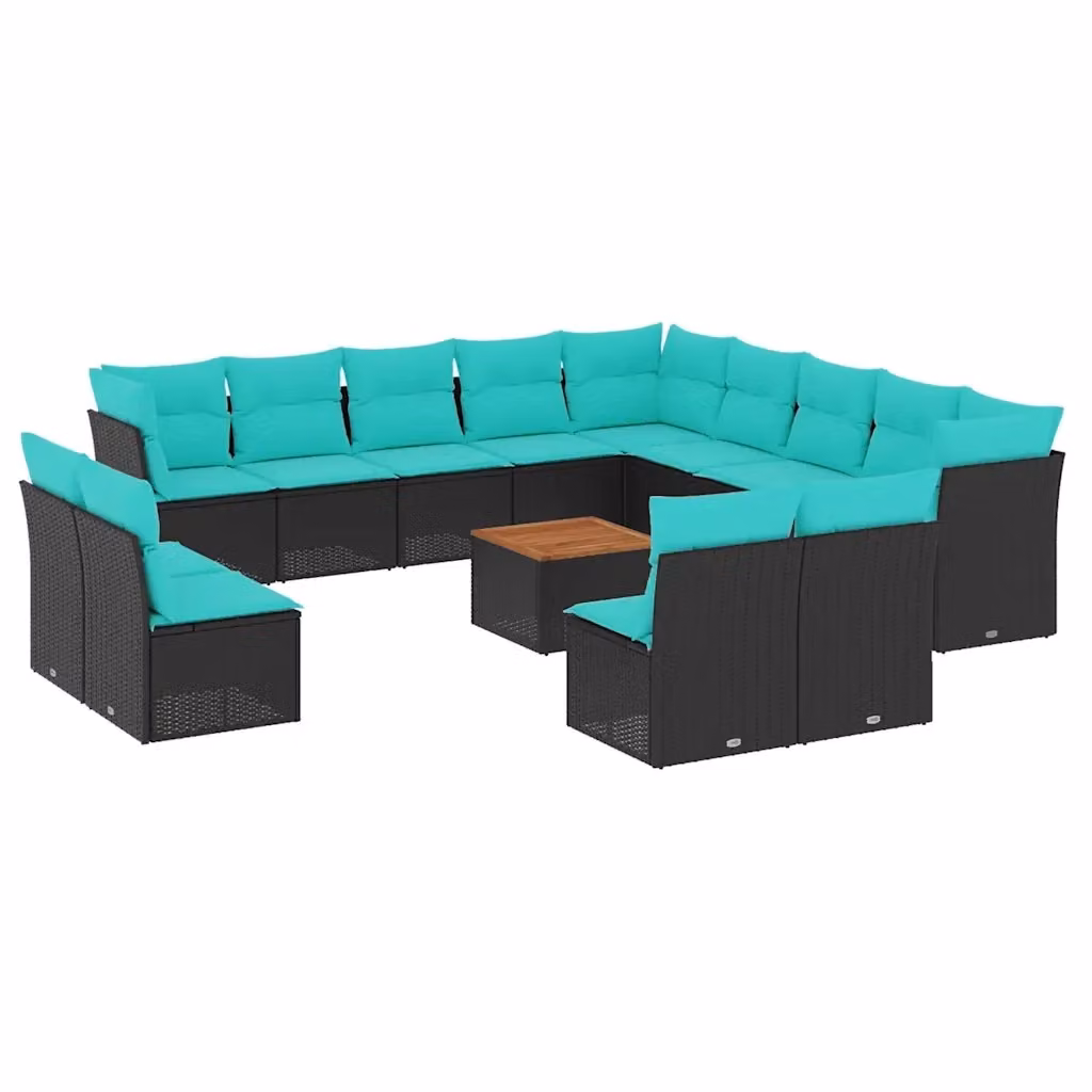 Set di Divani da Giardino a Forma di U vidaXL in Polyrattan Nero con Cuscini Blu e Tavolino da Esterno – 2