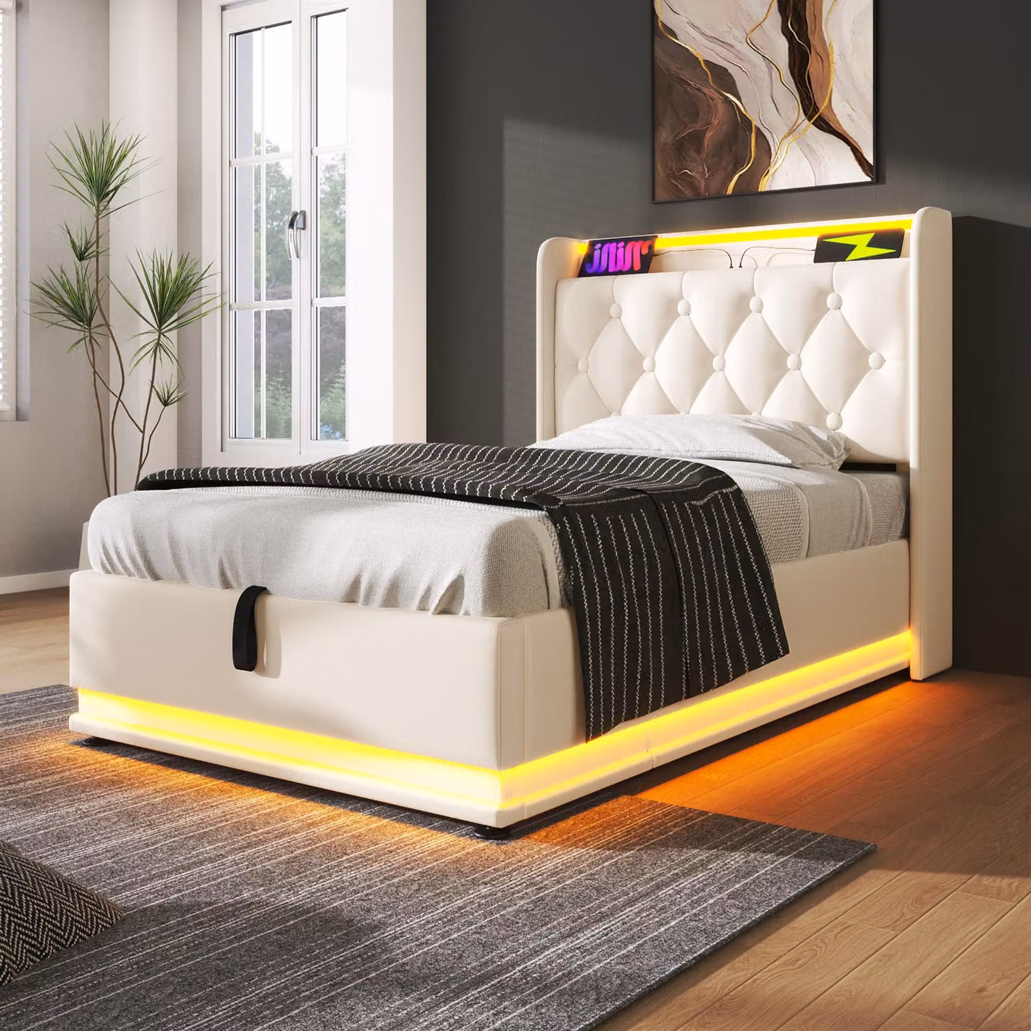 Letto imbottito Flieks 90x200cm con funzione di ricarica (USB&Typ-c), letto giovanile letto singolo letto contenitore con LED, letto a molle idrauliche, PU, bianco
