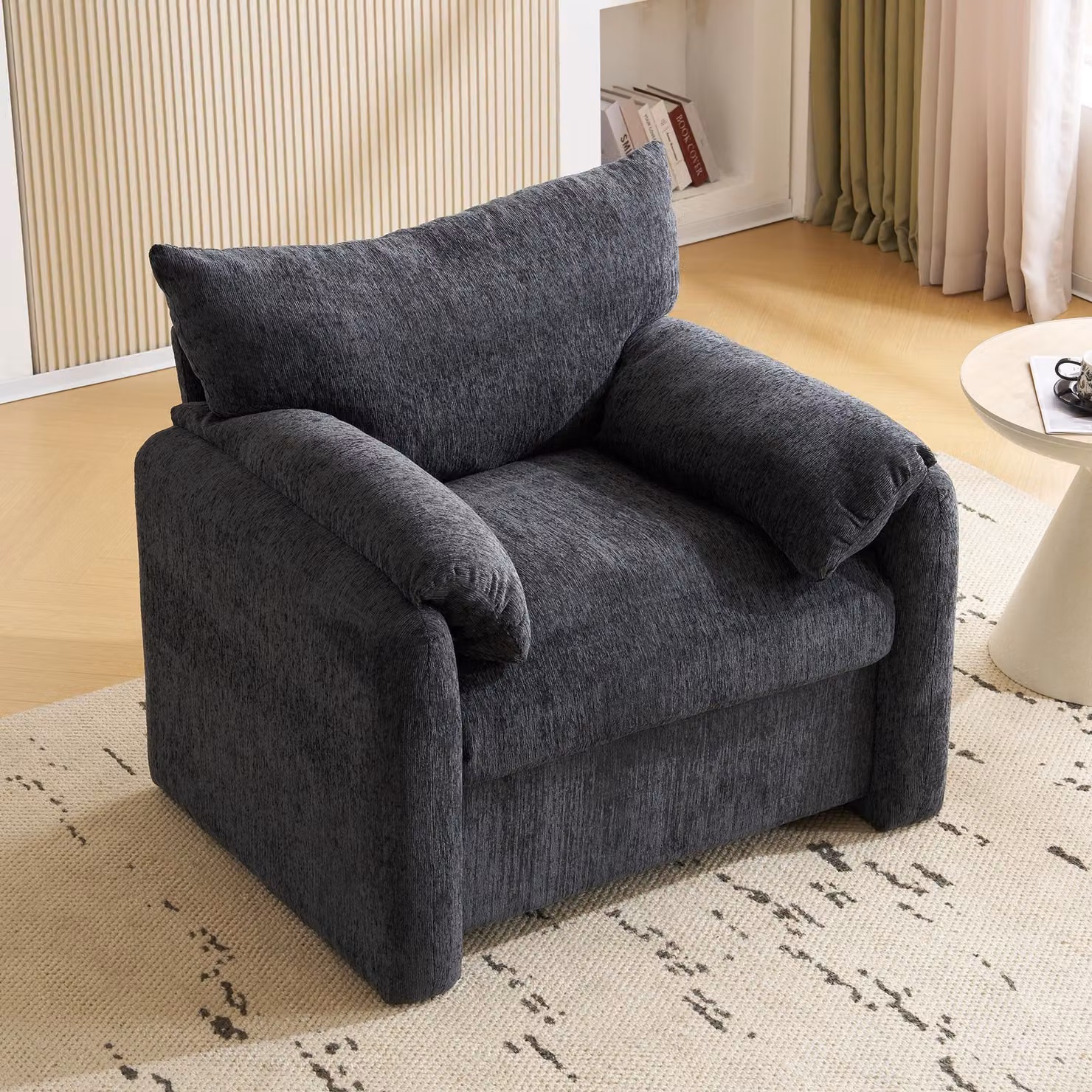 Poltrona STILVORA con ampi braccioli, letto singolo rivestito in tessuto di chenille con struttura in legno e metallo, poltrona relax per soggiorno e camera da letto, colore grigio