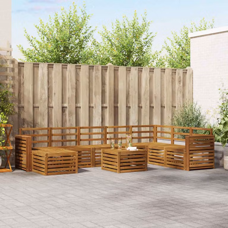 Set di divani da esterno vidaXL 9 pezzi in legno di acacia marrone con cuscini e tavolino da giardino a forma di L
