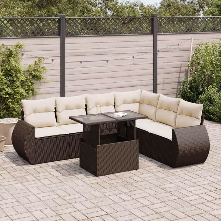 Set di divani da giardino vidaXL 7 pezzi in rattan marrone con cuscini e tavolino da esterno a forma di L