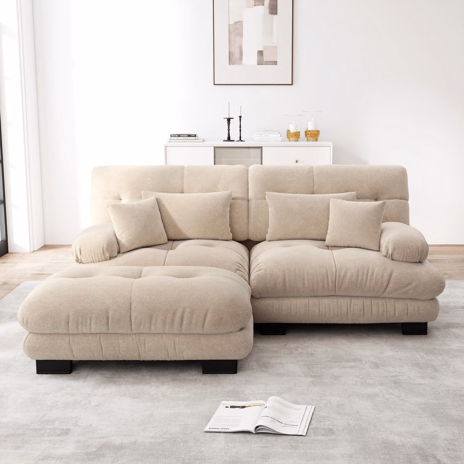 Divano angolare imbottito, tessuto in chenille, 2 cuscini lombari, 2 cuscini decorativi, braccioli ampi, poggiapiedi (colore marrone chiaro)