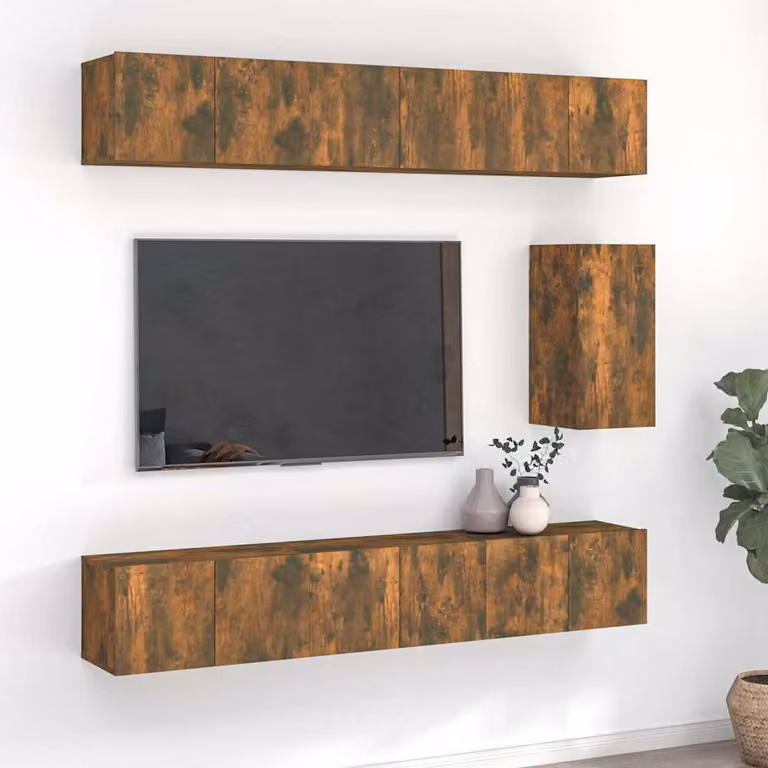 Set di mobili porta TV da 7 pezzi vidaXL in legno multistrato colore rovere fumo marrone opaco