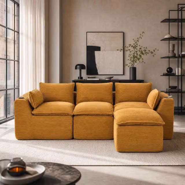 Divano modulare 3 posti con pouf in velluto a coste arancione HAVRYA