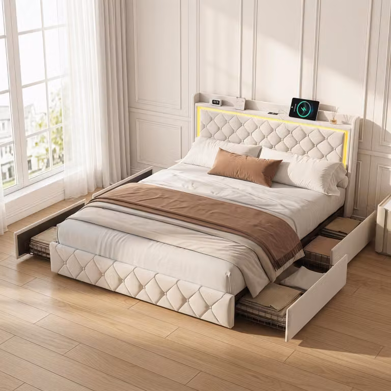 Letto imbottito INONEFT, 140 x 190 cm, letto matrimoniale con rete a doghe e 4 cassetti, letto per ragazzi con LED e USB, letto per adulti, in velluto, color beige, senza materasso