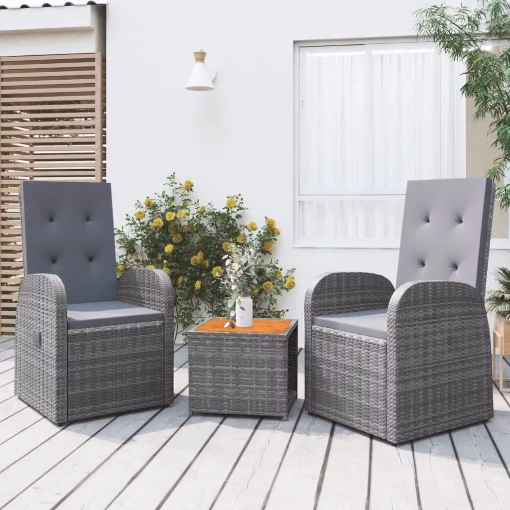 The Living Store Set da giardino 3 pz. Set da giardino in poly rattan grigio e legno massiccio di acacia