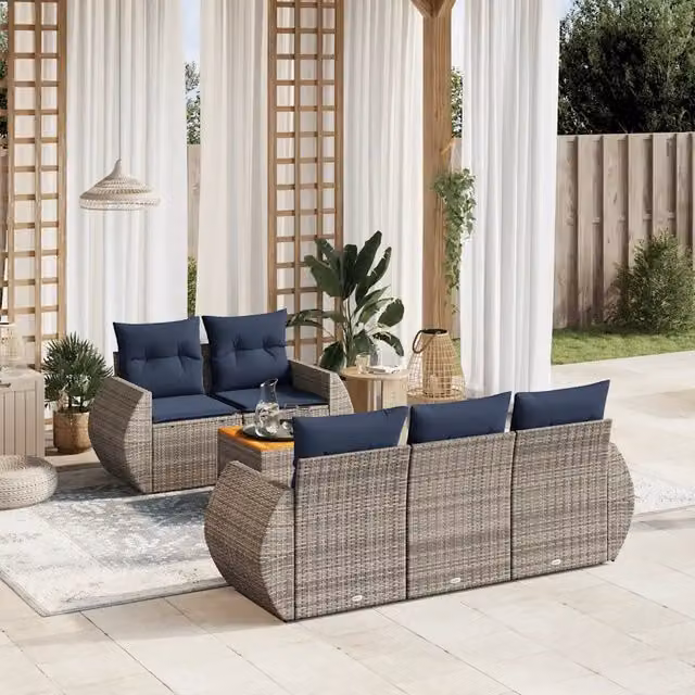 Set Divani da Giardino 6 pz con Cuscini Grigio in Polyrattan 3224892