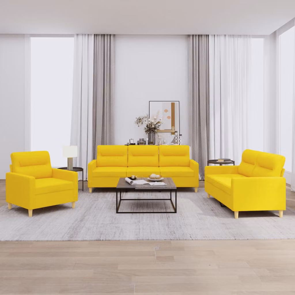 Set di divani 3 pezzi vidaXL in tessuto giallo con cuscini per soggiorno moderno – 1