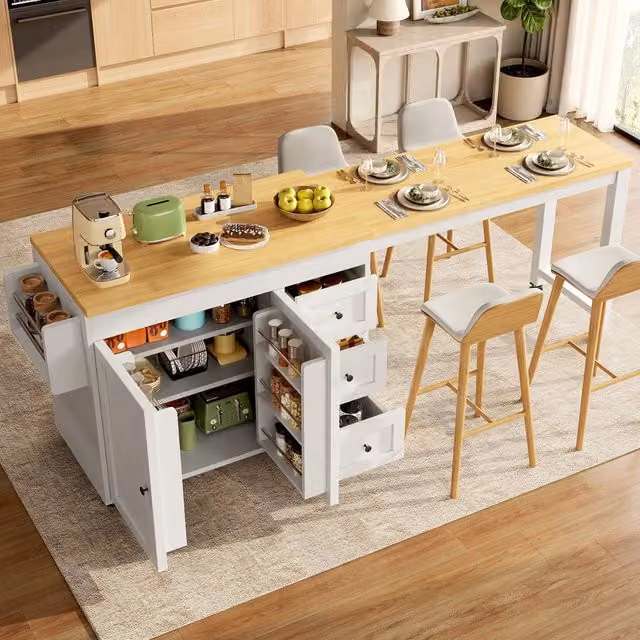 Isola cucina estensibile WISHDOR con contenitore, 3 cassetti, ante, ripiani laterali e ruote, bianco opaco