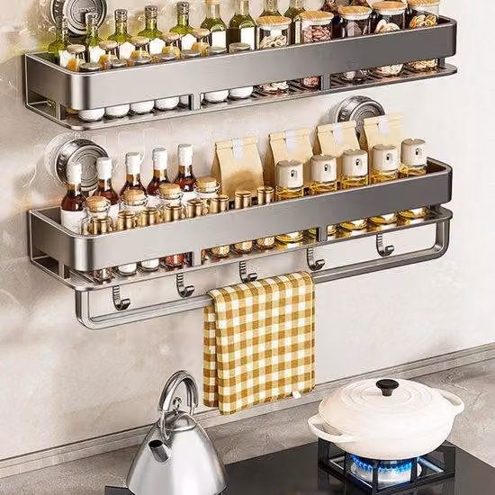Supporto da parete per cucina - Supporto da cucina in acciaio inossidabile | Accessori per la casa e per l'organizzazione della cucina, organizer a ventosa con 5 ganci
