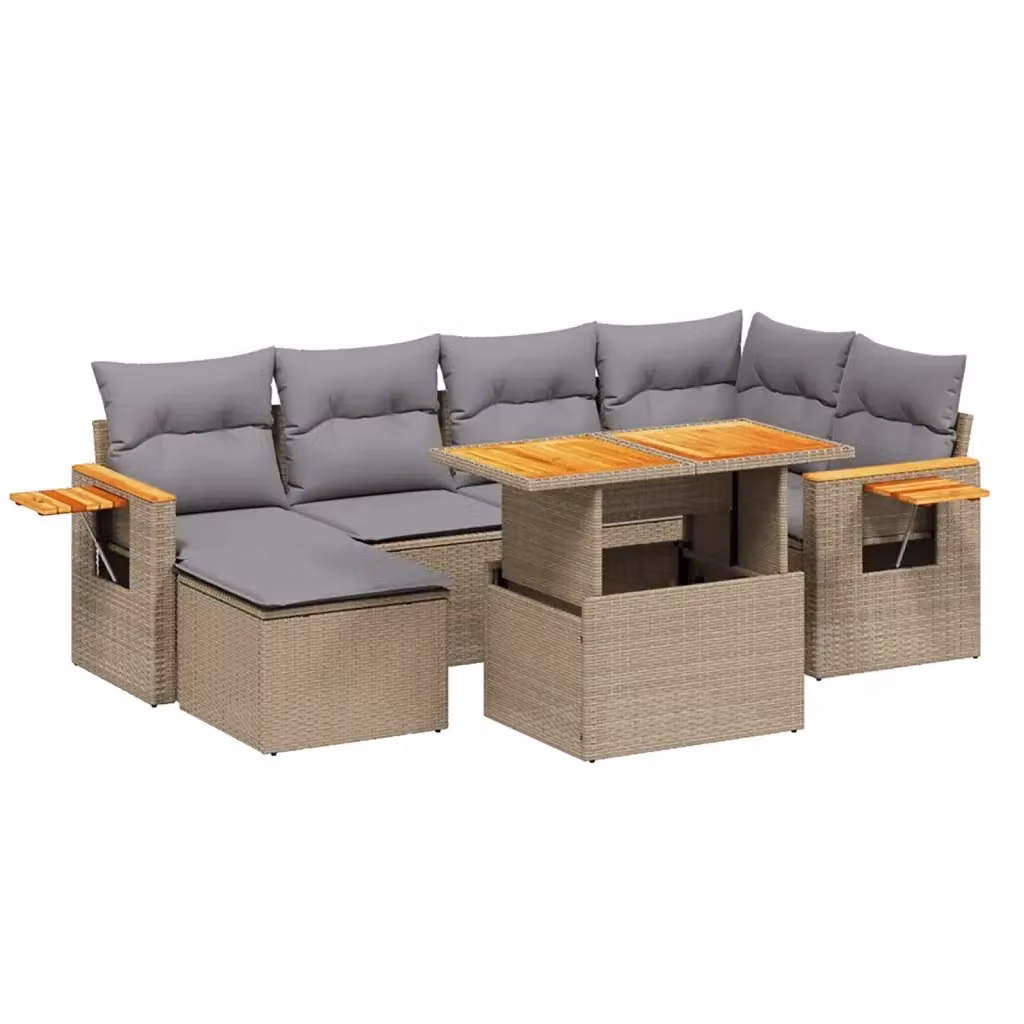 vidaXL Set Divani da Giardino 7 pz in Polyrattan con Cuscini Beige e Tavolino da Esterno – 2