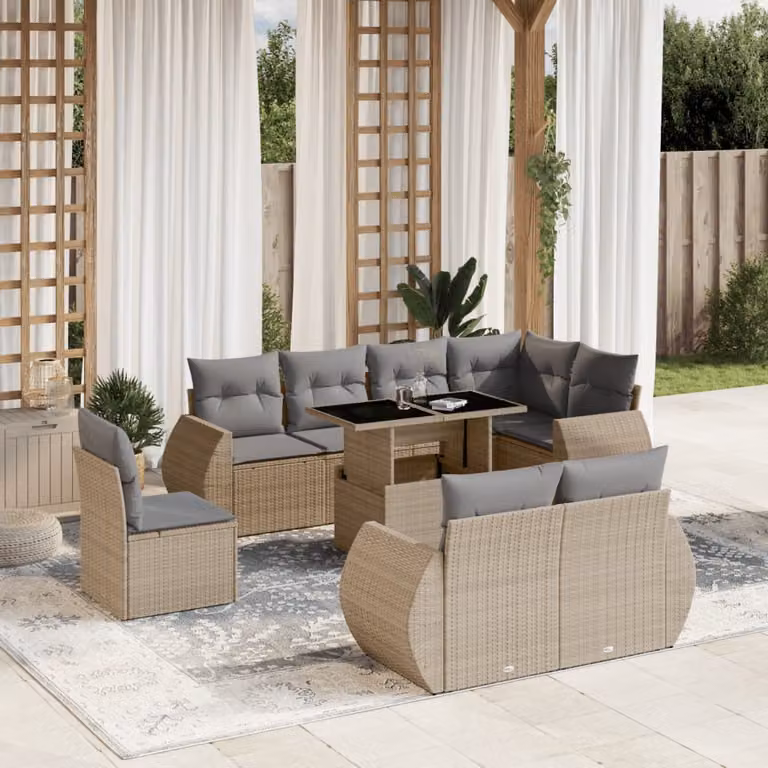 vidaXL Set Divano da Giardino a L 9 pz con Cuscini Beige e Tavolino, Struttura in Metallo e Polyrattan