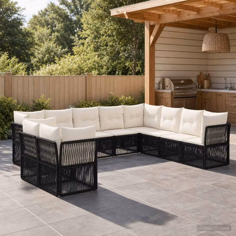 Set Divano da Giardino vidaXL a forma a U in Polyrattan Nero con Cuscini Imbottiti e Rivestimenti Rimovibili