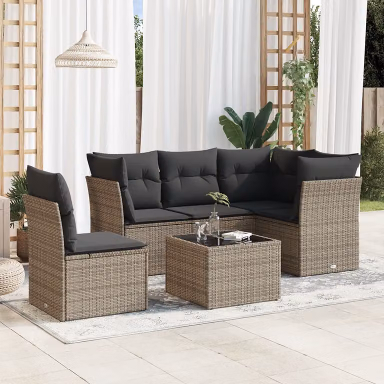 vidaXL Set Divano da Giardino 6 pz a L in Polyrattan Grigio con Cuscini e Tavolino da Caffè