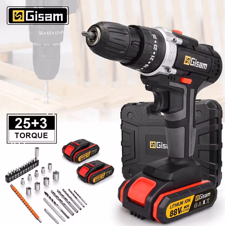 Trapano avvitatore a batteria e trapano - 88VF - 2 batterie - Compatibile con 18 V - Valigetta in plastica - Fai da te - CE - Argento