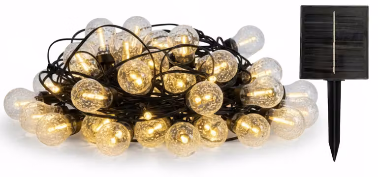 Catena luminosa solare con 25 luci a LED a forma di bolla, luce bianco caldo, dimmerabile, lunghezza 20 metri