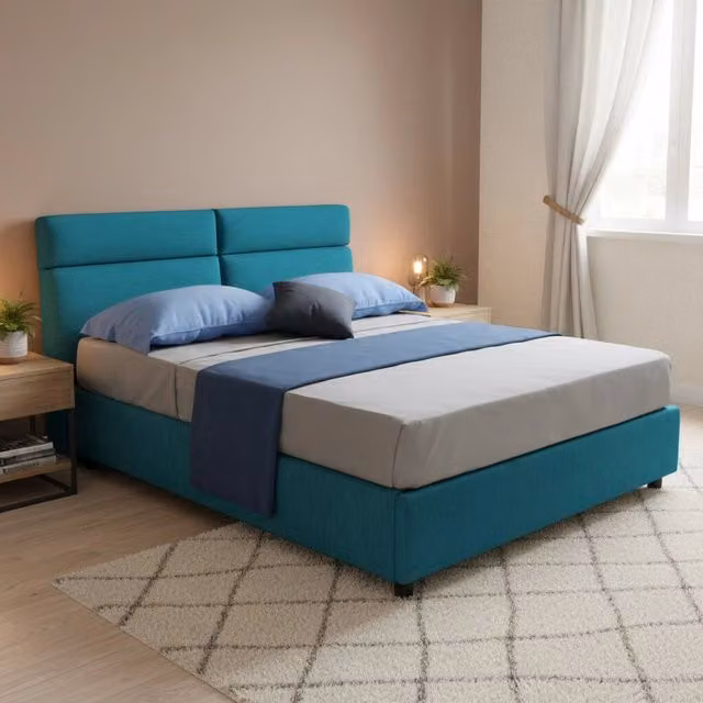 Letto Matrimoniale Alcatron DMORA con Contenitore a Alzata, Rivestimento in Tessuto Sfoderabile, Blu e Nero, L/P/H: 160 x 200 x 114 cm