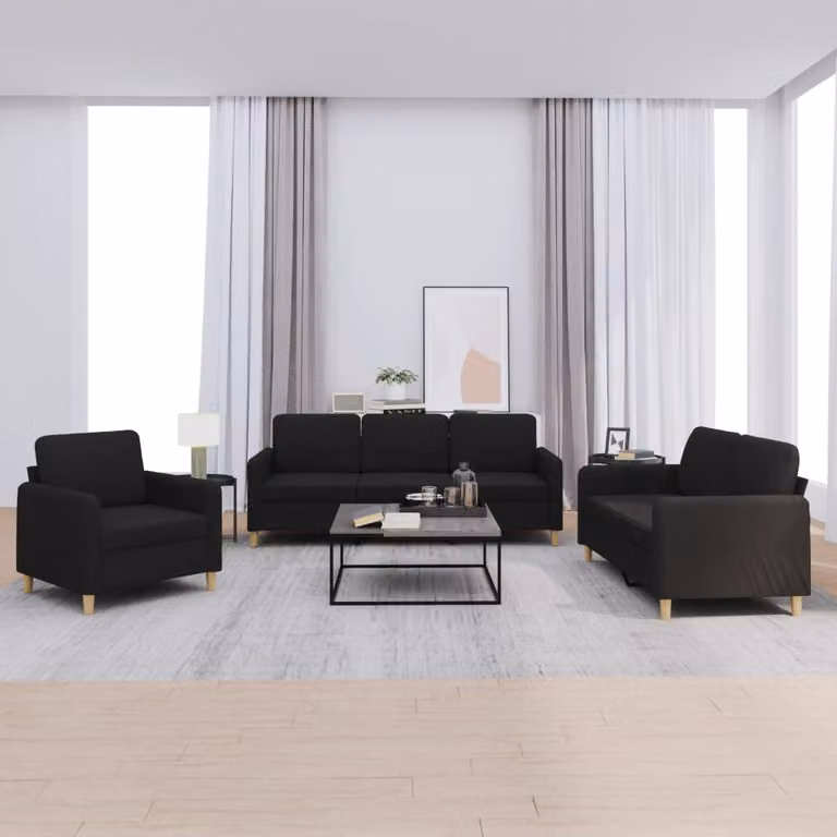 Set di divani vidaXL da 3 pezzi in tessuto nero con cuscini per soggiorno moderno