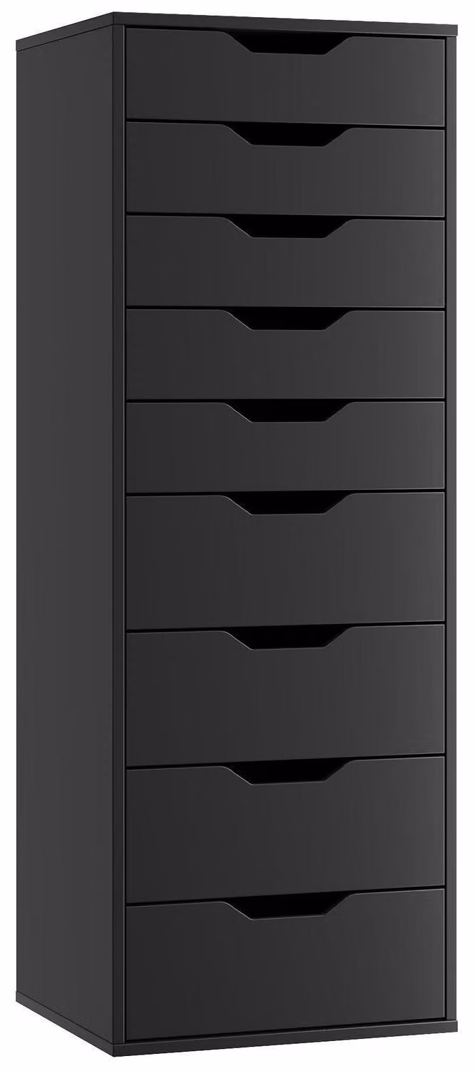 Comodino nero con 9 cassetti, design stretto, dimensioni 45 x 40 x 124 cm