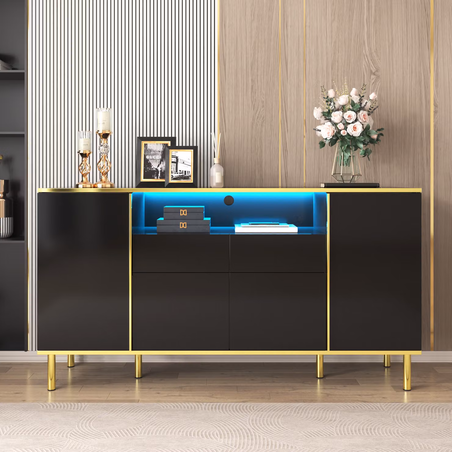 Credenza Merax lucida con illuminazione a LED, cassettiera con cornice dorata, credenza a 4 ante, mobile credenza 150x40x80cm, nero