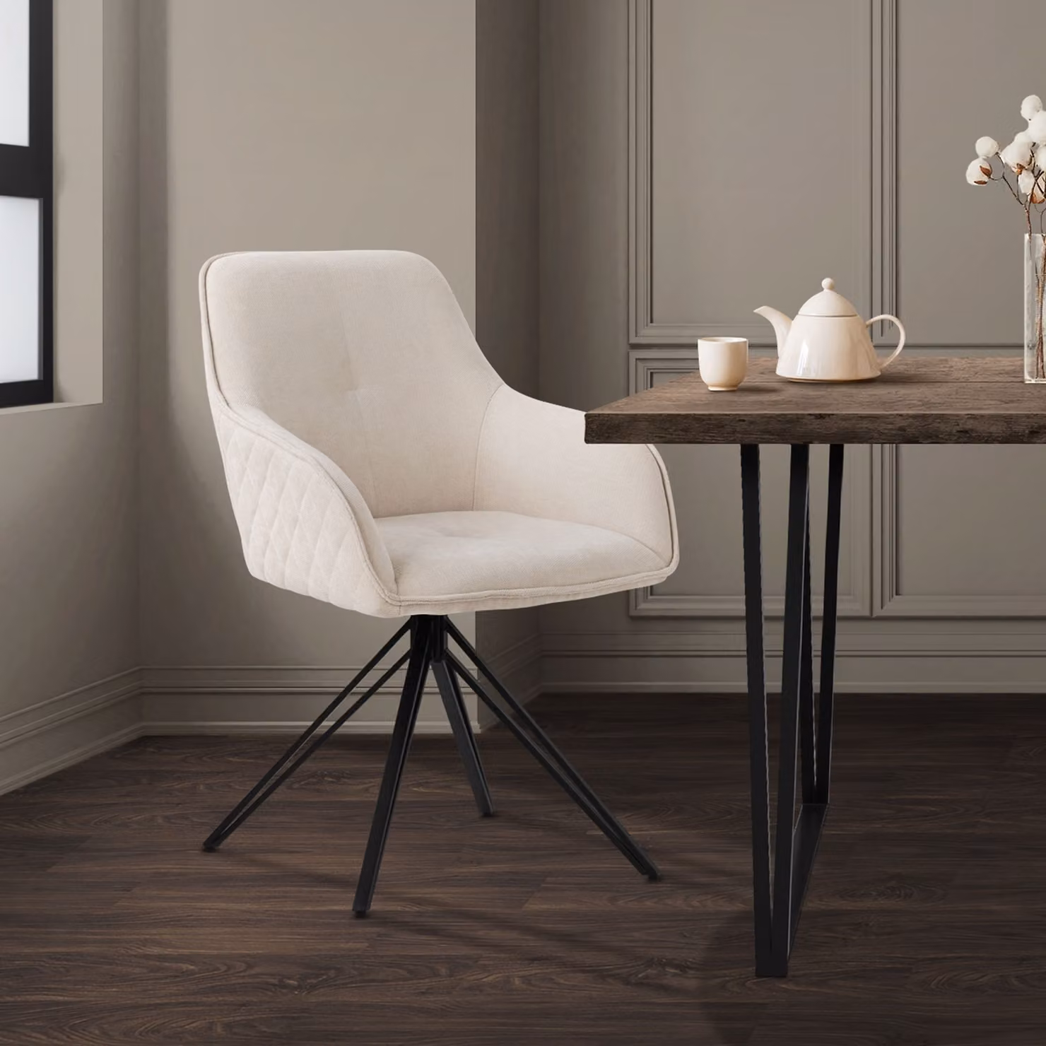 Sedia da pranzo girevole ML-Design, crema, in tessuto intrecciato con gambe in metallo