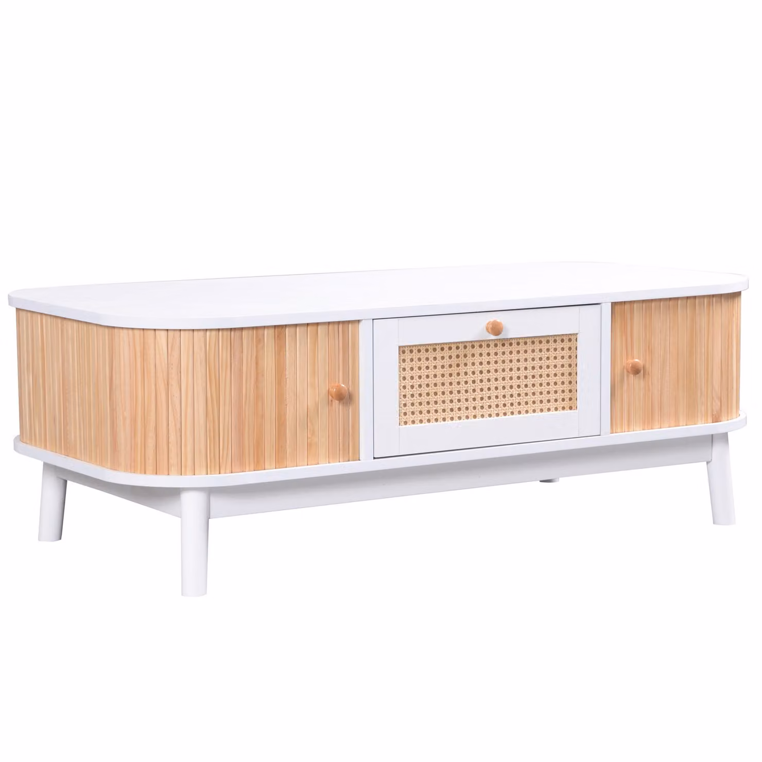 Tavolino da soggiorno moderno Aosom Italy in rattan bianco con 1 cassetto, 2 ante e piedini in legno massiccio, L: 124 cm, P: 64 cm, H: 13.5 cm – 2