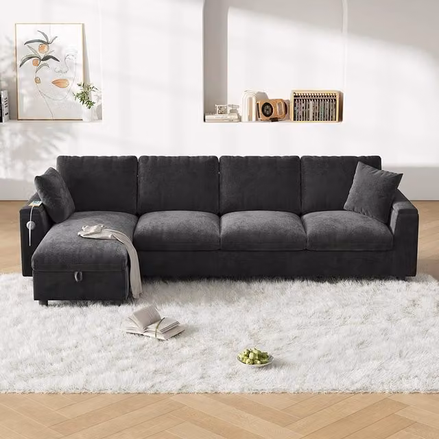 Divano angolare in L - Xylo - Chenille, USB-C, tavolo ribaltabile, grigio