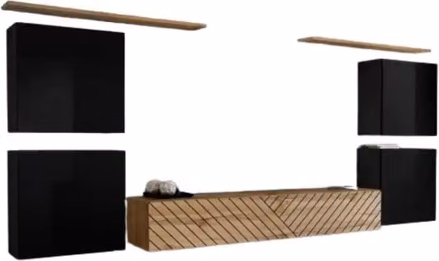 Set di mobili da soggiorno design SWITCH IV Meublorama, finiture nero lucido e rovere fresato, colori nero e rovere