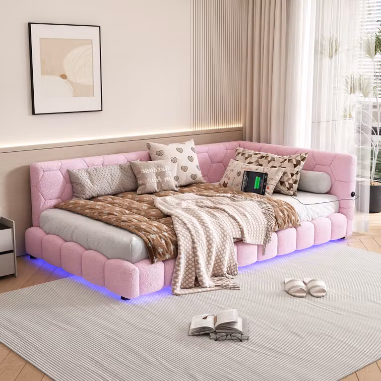 Letto imbottito Flieks 90x200cm con USB, divano letto con rete a doghe, letto da giorno per giovani con LED, letto per ospiti divano letto singolo, velluto, rosa